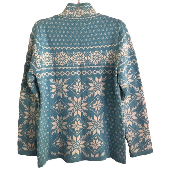 LL Bean Nordic Cardigan Sweater Womens Sz M Blue Fair Isle Heavy Cotton Zip Up - Picture 6 of 14